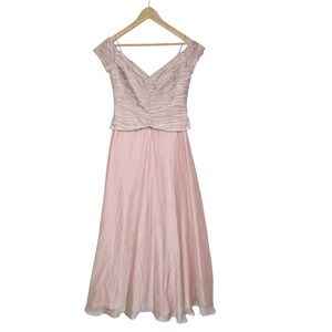 Cachet Formal Gown Sz 8 Pink Ruched Plisse Off Shoulder Beaded Evening Dress EUC